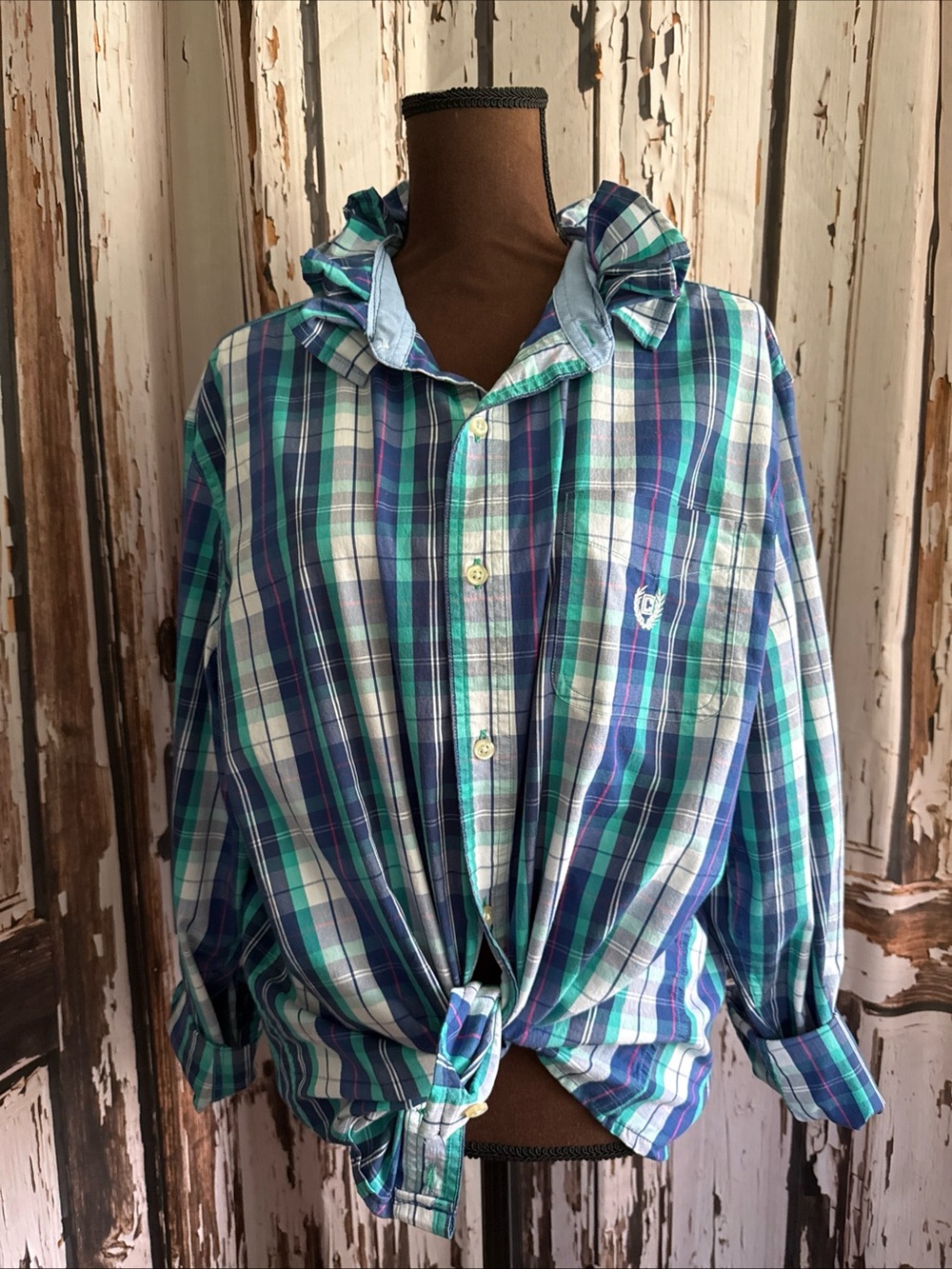 Reworked upcycled ruffle chaps xl plaid button up shirt see details